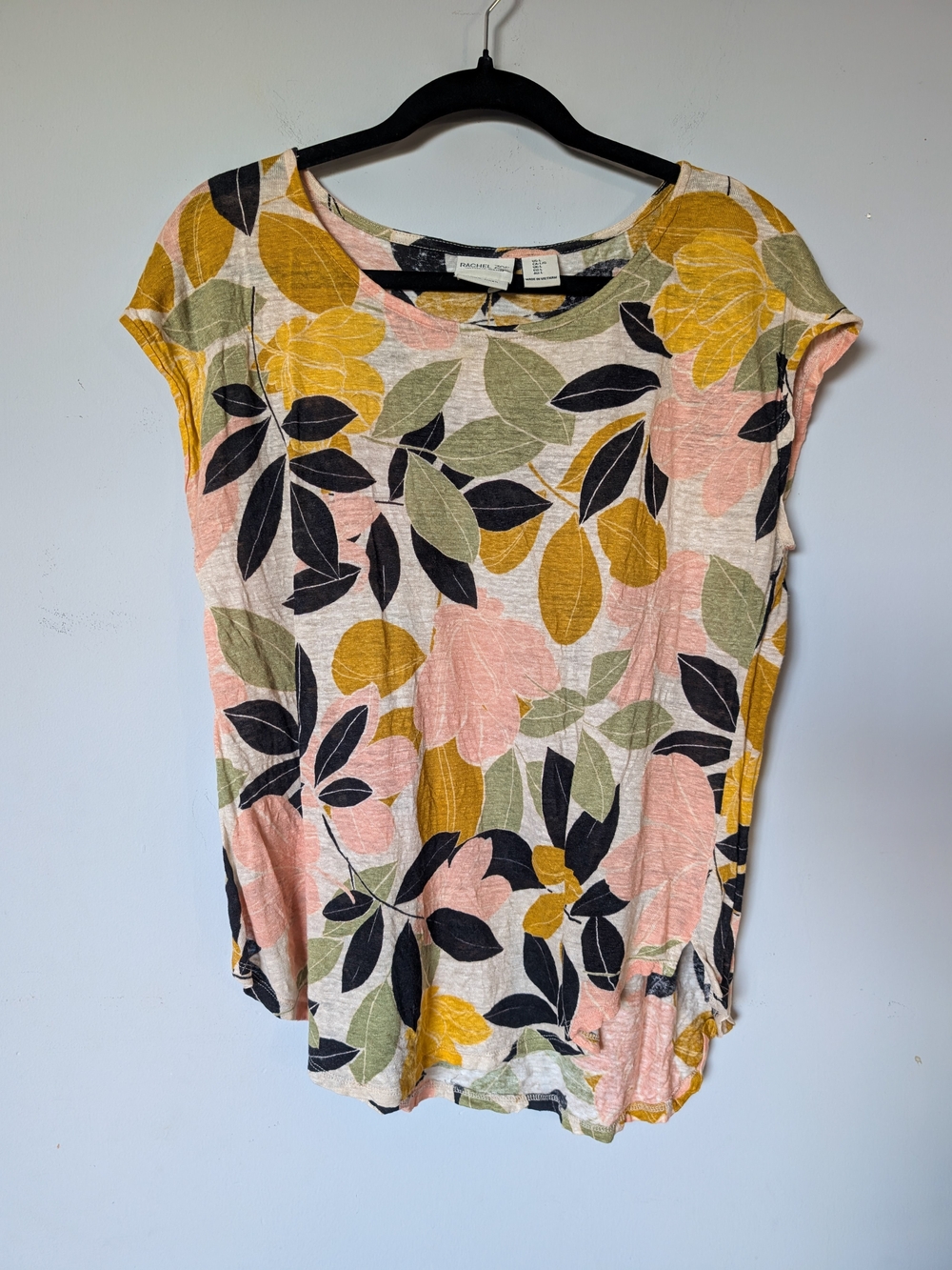 Rachel Zoe Short Sleeve Floral Scoop Neck Top - Pink, Mustard & Olive